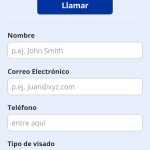 Se muestra el formulario a rellenar para la opción de "ponerse en contacto". En la parte centro-superior, se encuentra el botón de llamar.