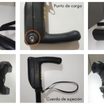 Fotos detalle del bastón Pauto: diodos láser, punto de carga, botón de emergencia, anillo de seguridad. cuerda de sujeción, contera de seguridad