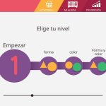 Página de configuracion del nivel. En la parte central está el pulsador del nivel llamado empezar. Al pulsarlo, aparece una lista con tres opciones para pulsar. De izquierda a derecha son: forma, color, forma y color.