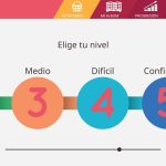 Página de selección del nivel. En la parte central aparece una lista de cuatro pulsadores para seleccionar el nivel. De izquierda a derecha son: fácil, medio, difícil y confirmado. En la parte superior a la derecha, hay una lista de cuatro iconos para las distintas configuraciones de la app. De izquierda a derecha son: actividades, mi álbum, progresión, refuerzos y a proposito.