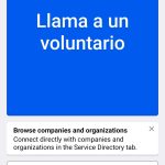 Pagina principal, cuenta con un botón azul en la parte superior de la ventana para llamar a un voluntario. En la parte central inferior esta el botón blanco de mis grupos. Y en la parte inferior se encuentra la barra de botones de inicio, IA, directorio de servicios, comunidad, y perfil