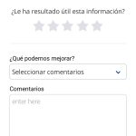 En la parte superior, se puede calificar la aplicación con una selección de estrellas del 1 al 5. Debajo de esto, lo mismo para puntuar la información. En la parte central, se encuentra un desplegable para seleccionar que se puede mejorar. Debajo de esto, aparece una zona para dejar comentarios. En la parte inferior, se encuentra un botón para enviar, y debajo otro para cancelar.