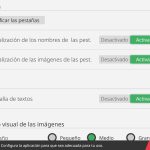 Aparecen, de arriba abajo, las opciones de. modificar las pestañas, visualización de los nombres de las pestañas, visualización de las imágenes de las pestañas, pantalla de textos, aspecto visual de las imágenes. A la derecha de cada opción está el botón de desactivar y nuevamente a la derecha de este, el de activar.