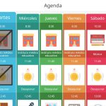 Se muestra la agenda como tal, con los días de la semanas y diversas actividades a lo largo de esta. En la parte superior izquierda hay un botón para acceder a los ajustes. EN la parte superior derecha, un botón para cambiar entre el modo semanal y el diario.