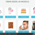 Se muestra la página del modelo de edición. En esta hay distintos modelos para crear una actividad. En la parte superior derecha de la pantalla hay un botón para retroceder a la sección anterior. En la parte superior derecha un botón para eliminar modelos y, a su izquierda, uno para añadir nuevos.