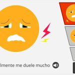 Página de emoción de dolor. A la derecha, de arriba a abajo hay tres iconos que representan el nivel de sentimiento con esa emoción yendo desde un mayor sentimiento la de mas arriba hasta un menor sentimiento la de mas abajo. Debajo de estos, hay un último icono para seleccionar donde sientes el dolor en el cuerpo.