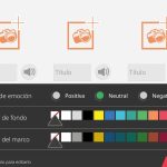 Página de la edición. En la parte superior hay tres iconos para añadir tres imágenes y debajo de cada una un cuadro de texto para añadir un título. Debajo hay una lista de selección del tipo de emoción para la imagen que de izquiera a derecha son: positiva, neutral y negativa y debajo de esta dos opciones para seleccionar el color de el fondo la de arriba y del marco la de debajo.