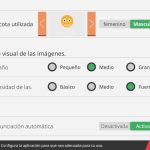 Página de los parámetros generales. En la parte superior hay dos flechas para seleccionar el avatar para las imagenes de la app. Debajo hay dos listas para retocar el aspecto visual de las imagenes con tres opciones cada una: la de arriba selecciona el tamaño de mayor a menor y la de abajo la intensidad de las fotos de mayor a menor. Por último en la parte inferior a la derecha hay dos botones uno a la izquierda para desactivar el sonido de las imágenes y otro a la derecha para activarlo.