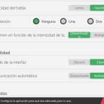 Segunda página de los parámetros generales. Hay cinco opciones de configuración. De arriba a abajo son: Velocidad del habla, repetición, volumen en función de la intensidad, fondo de la interfaz y pronunciación automática. Todas estas presentan dos botones a la derecha para configurar este aspecto de la app a excepción de repetición que ofrece una lista de tres opciones.