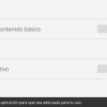 Tercera página de los parámetros generales. Hay dos opciones para seleccionar pulsando el botón a la derecha de estos. La de arriba para restaurar el contenido básico de la app y el de debajo para mostrar el identificador del dispositivo. Por último en la esquina inferior derecha hay dos botones, el de la izquierda para cancelar la configuración y el de la derecha para validar.