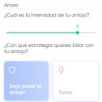 Se muestra la página, con loas preguntas ordenadas, de arriba a abajo, en el orden explicado. Para la última pregunta, a la izquierda se encuentra el botón de pasar el antojo y a la derecha el de fumar. En la parte inferior central se encuentra el botón de terminar.