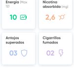 Se muestran las estadísticas. En la parte central superior, a la izquierda el botón de energía y a la derecha el de nicotina absorbida. Debajo de estas, respectivamente, el de antojos superados y cigarrillos fumados.