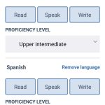 Ejemplo de selección de idiomas donde se ha marcado inglés como idioma de nivel intermedio y español como primera lengua.