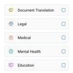 Listado de ámbitos de experiencia y/o conocimientos. De arriba a abajo: traducción de documentos; legal; médico; salud mental; educación; ninguno de los anteriores