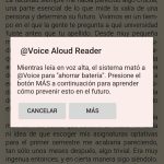 Página principal de la aplicación con un cuadro de texto que indica que mientras se leía en voz alta, el sistema mató a @Voice para ahorrar batería. Abajo de este texto se muestran dos botones, el de la izquierda para cancelar y el de la derecha para obtener más información.