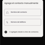 Pantalla dedicada a la configuración del botón SOS. En la parte central se encuentra el cuadro de texto para agregar el nombre y el numero de contacto manualmente. Debajo de esto, se encuentra el botón de más para agregarlo desde la lista de contactos.