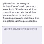 Pagina del tercer paso a seguir para citas medicas. En la parte superior esta el texto que indica que esa pagina sirve para dar alguna indicación adicional al voluntario. En la parte central se encuentra el cuadro de texto donde escribir. Y en la parte inferior se encuentran los botones de anterior a la izquierda, y continuar a la derecha