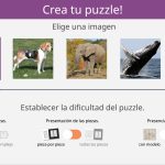 Página para crear tu puzle. Centrado, de izquierda a derecha, están las piezas de los puzles para pulsarlas y configurarlas. Estas son: pez, perro, elefante, ballena y delfín. Debajo de estas, están las opciones de configuración y hay tres. De izquierda a derecha son: forma, presentación y presencia del modelo. Por último, en la parte inferior a la derecha está el botón de jugar.