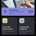 Pagina principal de herramientas, en la parte superior está el botón para abrir la herramienta de matemáticas ya que es la mas popular; en la parte central están los botones cuadrados de las diferentes herramientas; por ejemplo en la parte superior izquierda está el lector de documentos, y en la parte superior derecha esta creación de imágenes. En la parte inferior está la fila de botones de la aplicación: inicio, chat y herramientas