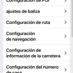 Lista de ajustes que se pueden hacer en la aplicación. Desde la configuración de PDI, ajustes de baliza, configuración de ruta, configuración de navegación, configuración de información de la carretera...