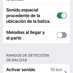 Encontramos una lista orientada verticalmente, donde cada opción tiene a su derecha un selector. Entre las opciones están: distancia y rumbo a la baliza, sonido espacial procedente de la ubicación de la baliza...