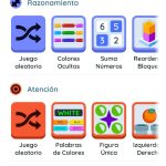 Pestaña de juegos, se muestra una lista en vertical con los diferentes iconos de los juegos divididos entre as 4 secciones que hay: memoria, razonamiento,, atención, coordinación.