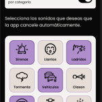 Página del modo sonido exterior. En la parte central encontramos nueve botones en filas de tres. Se encuentran en las siguientes posiciones desde izquierda a derecha. Sirenas, llantos, ladridos. Tormenta, vehículos, claxon. Metro, obras y petardos.