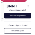 Pagina principal de la aplicación. En la parte superior esta el botón para realizar una petición. Debajo de éste está el botón del manual de ayuda. Y en la parte inferior están los cuatro botones en fila con el siguiente orden: inicio , peticiones, mensajes, perfil