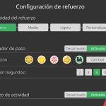 Página de configuración de refuerzo. En la parte superior central aparece una lista de modos para pulsar de izquierda a derecha que en orden son: fuerte, medio. ligero y personalizado. Debajo de esta lista aparecen, de arriba a abajo, las opciones de configuración del modo que, si se selecciona el personalizado, se puede retocar pulsando en la parte derecha de cada opción entre: reforzador de paso, animación, duracion en segundos y refuerzo de actividad. En la esquina inferior derecha hay dos botones, uno para cancelar y el otro para validar.